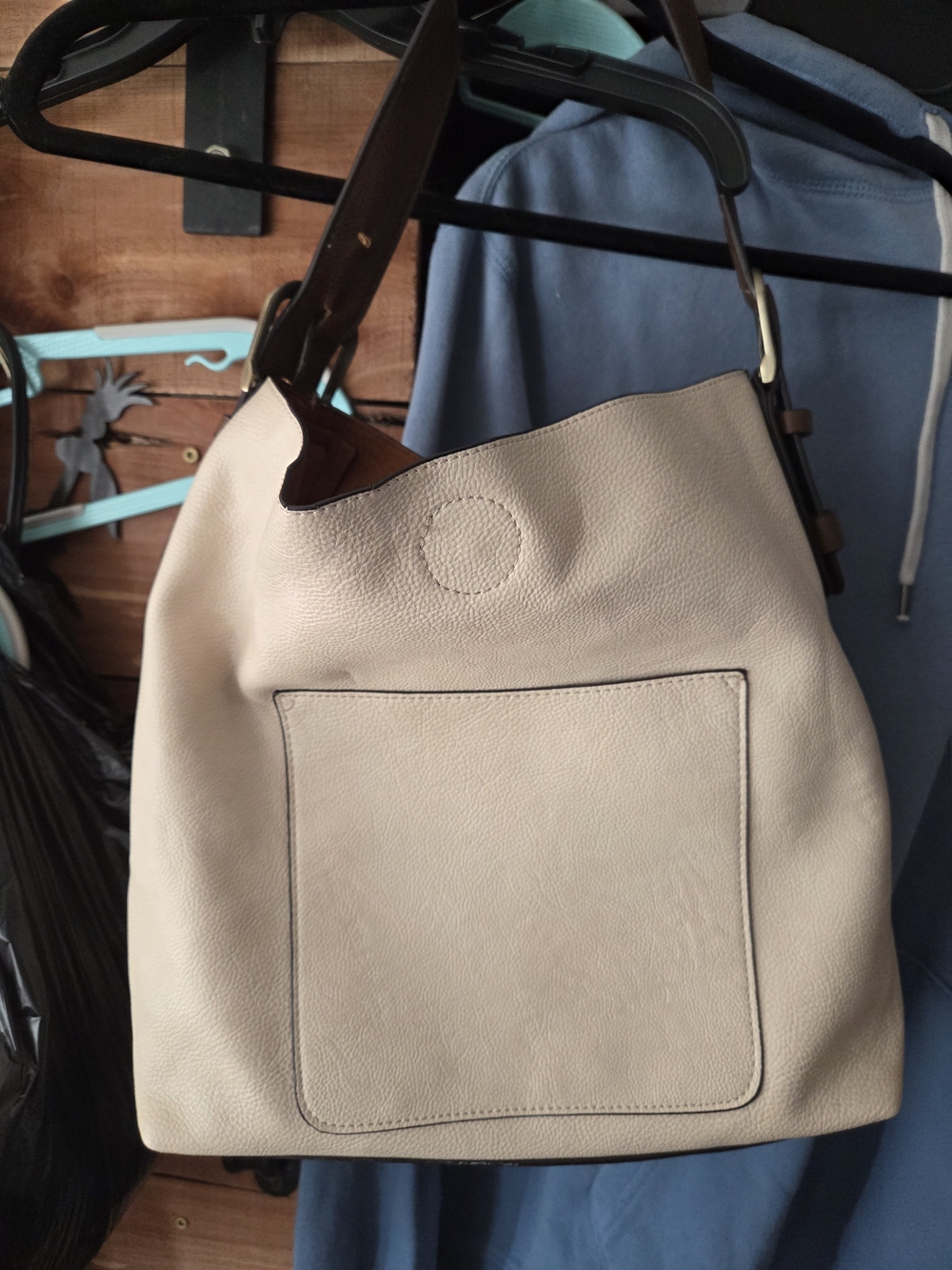 Cream Leather Hobo Bag with Brown Strap